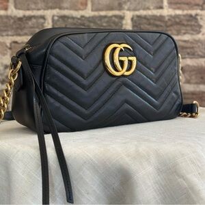 Gucci Black Chevron Crossbody Bag with Gold Accents